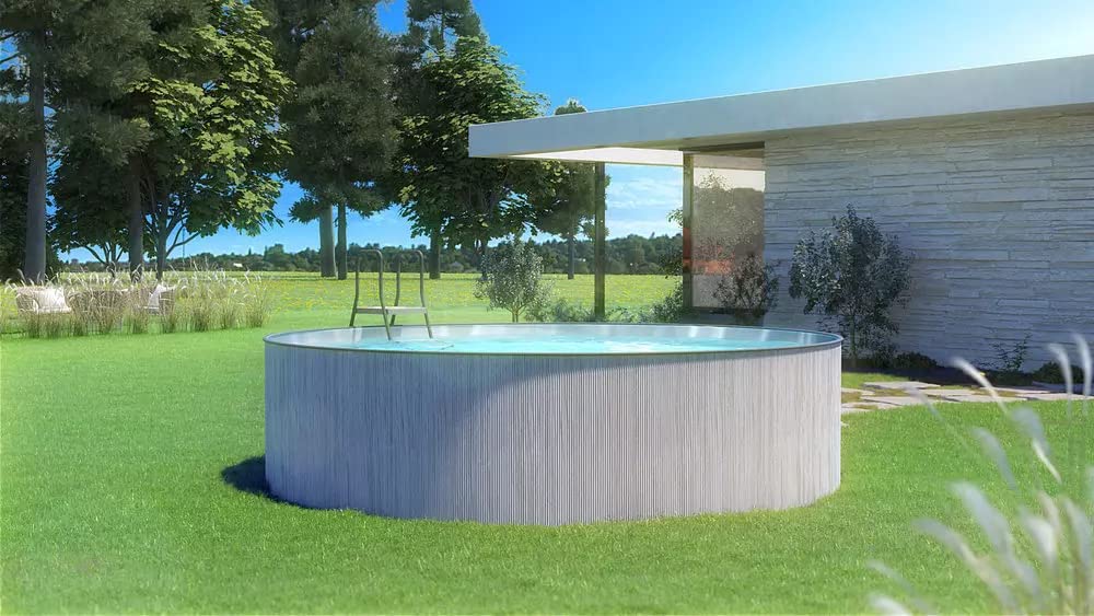 Steinbach New Splasher Secure 011002G Piscine à paroi en Acier Ø 350 x 90 m Piscine Ronde Aspect Bois Gris foncé et Film intérieur Gris pour jusqu'à 7 800 l d'eau avec système de Filtration à