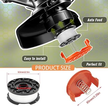 5 PCS Strimmer Spool Set – 3 Replacement Spools, 1 Cap, 1 Spring, Compatible with Black+Decker AF-100, ST5530-GB, GLC3630L20-GB, STC1820PC-GB, BESTA530-GB, BESTA525-GB
