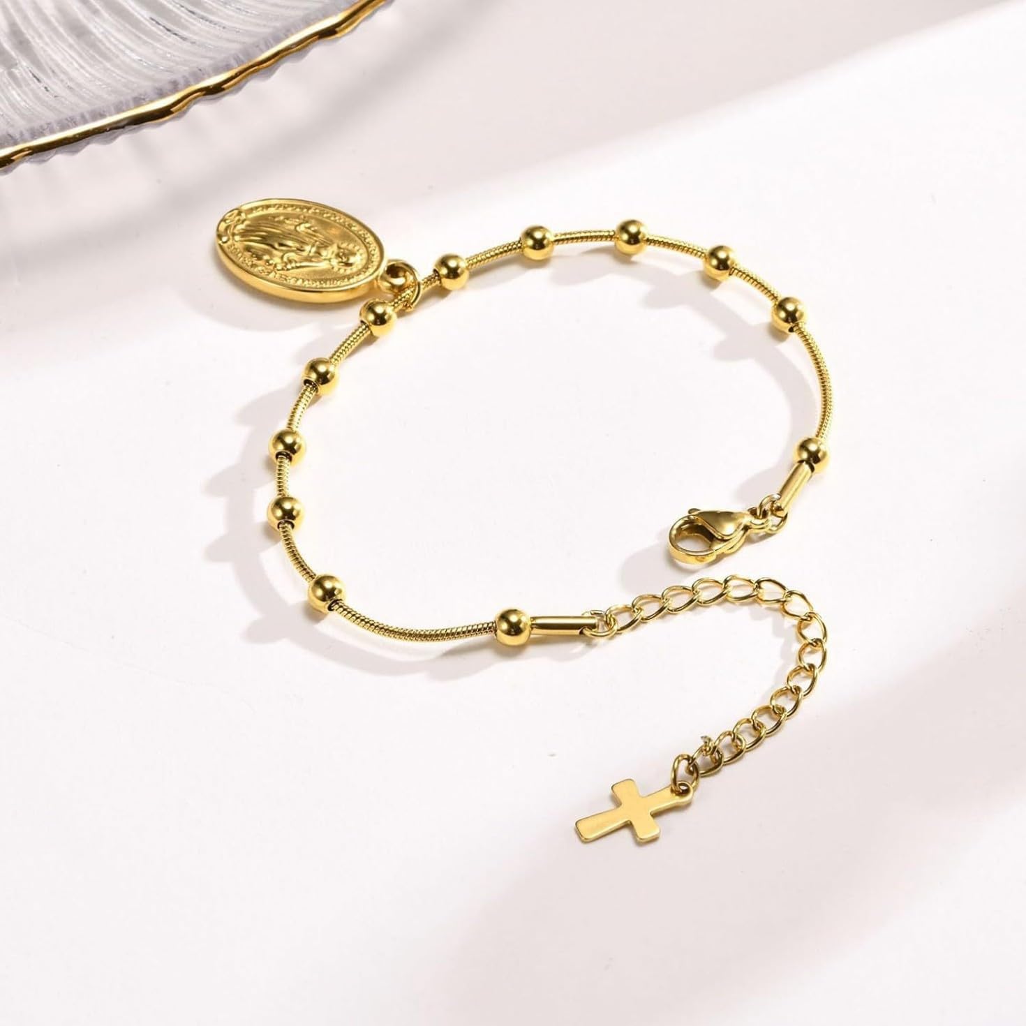 Virgin Mary Bracelet,Dainty14k Gold Plated Rosary Bead Cross Bracelets Religious Baptism Virgen de Guadalupe Bracelets Catholic Jewelry Gifts for Women - Image 7