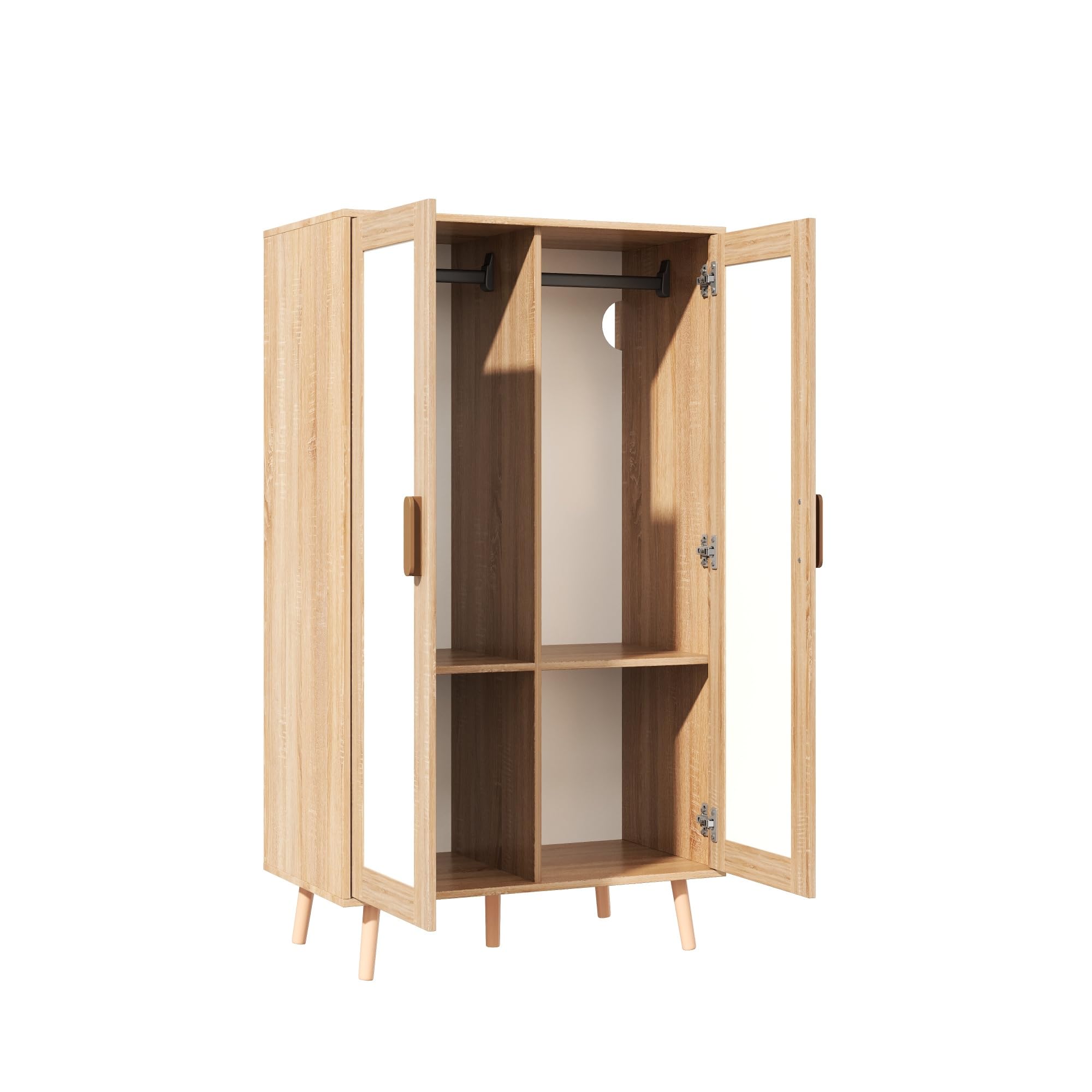 Armario infantil, juego con armario de dos puertas y abierto, para dormitorio, con barra para colgar y cajones, en color blanco y madera, 160 x 46 x 141,5 cm, Natural+Blanco