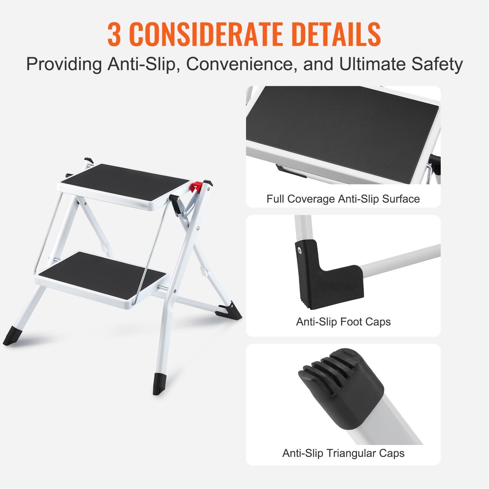 VEVOR Taburete Plegable con 2 Peldaños Carga de 150kg Escalera de Acero Taburete Ancho Multiusos con Superficie Antideslizante y Almohadillas para Adultos, Niños, Hogar, Cocina, Oficina, Autocaravanas