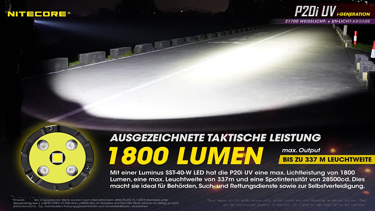 NITECORE Taschenlampe P20i UV - Taktische Akku-Taschenlampe mit 1.800 Lumen & UV-Licht - USB-C aufladbar - 337 Meter Leuchtweite