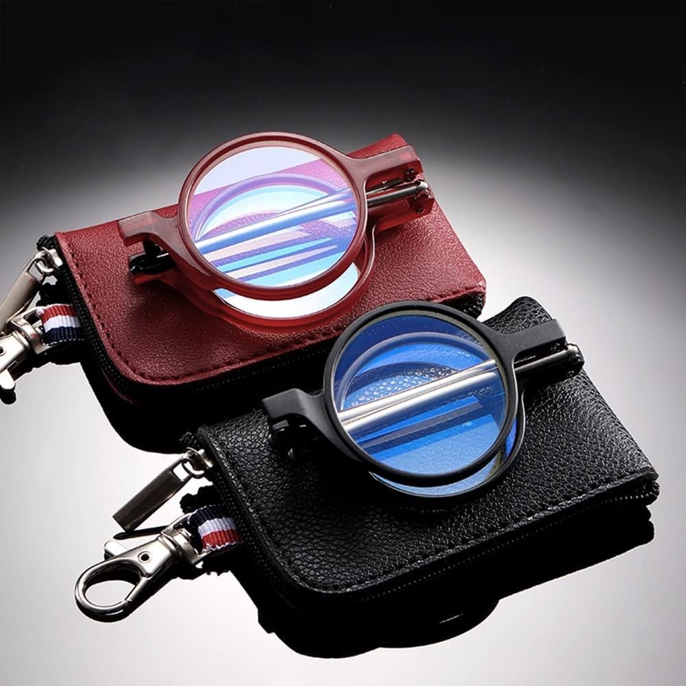 Mini Occhiali da Lettura Pieghevoli Anti-Luce Blu per Uomo E Donna, Montatura Rotonda, Nerd Reader, con Portachiavi E Custodia in Pelle, Red, 2.5X