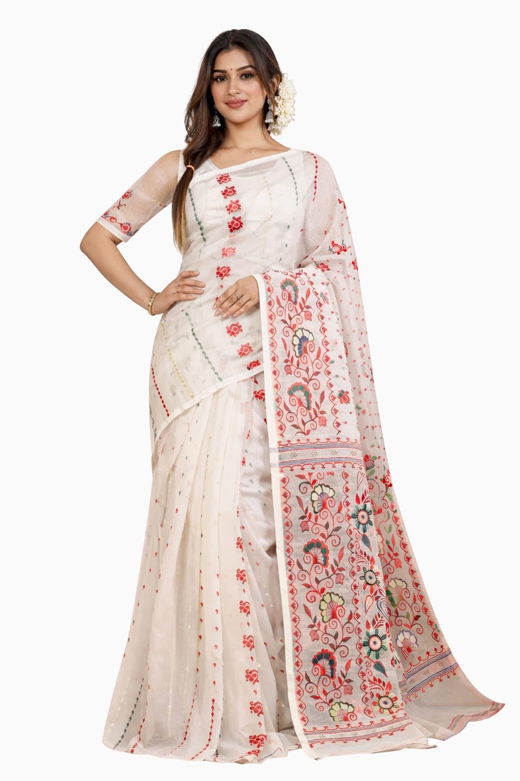 Pure Cotton Jamdani Saree for Women | Elegant Handwoven Bengali Saree | Soft Cotton Fabric | Ethnic Style | Without Blouse Piece-image-26