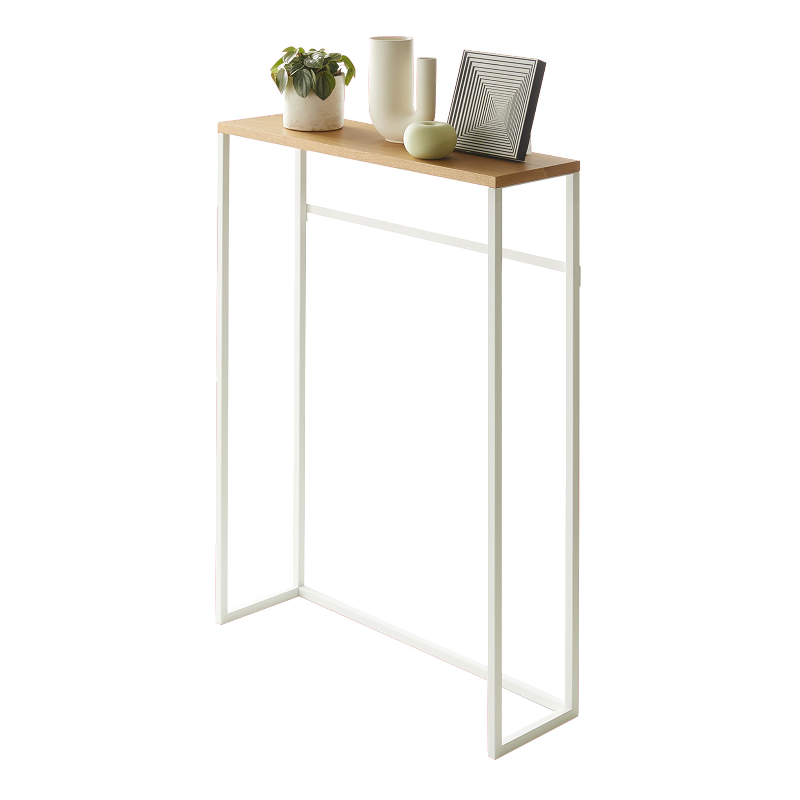 YAMAZAKI Home Slim Console Table – Narrow Entryway Table (24 Inch) with Hooks, Ultra-Shallow Skinny Table for Small Spaces, Modern White Narrow Console Table, Steel + Wood, Easy Assembly