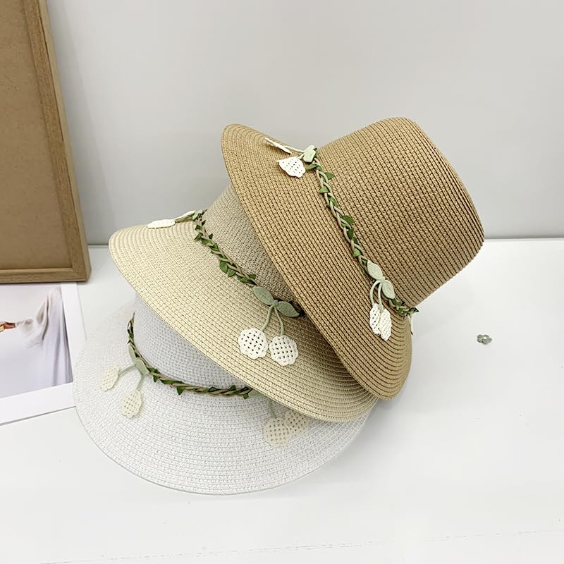 Sombrero de Paja de Verano para Mujer,de ala Ancha,Ligero,con Estampado de Cerezas,Plegable,Transpirable,para Playa,Actividades Al Aire Libre