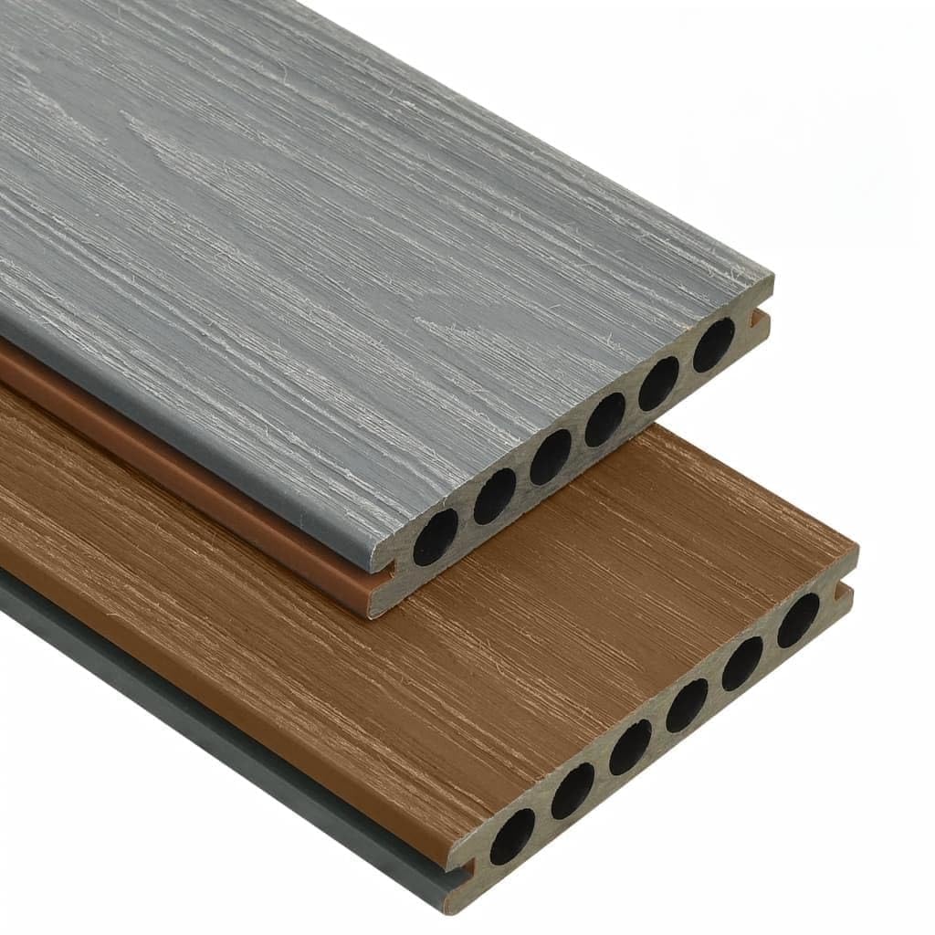 Lot de lames de terrasse WPC marron et gris en composite bois-plastique 16 m² 2200 x 140 x 23 mm avec accessoires pour balcon, terrasse, zone de piscine, durables et imperméables