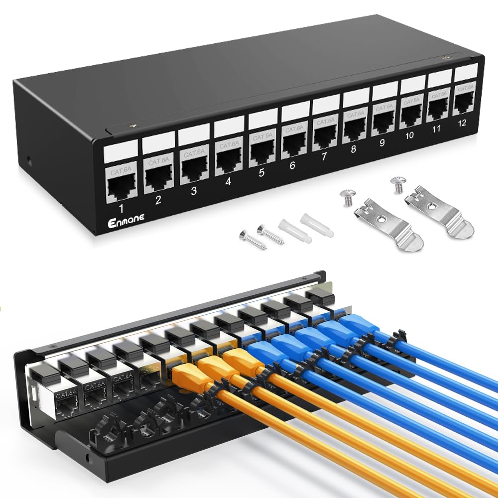 Panel de conexión de 12 puertos CAT6A Keystone Patch Panel de conexión blindado con gestión inteligente de cables para red doméstica/oficina (1U 12 puertos, CAT6A)