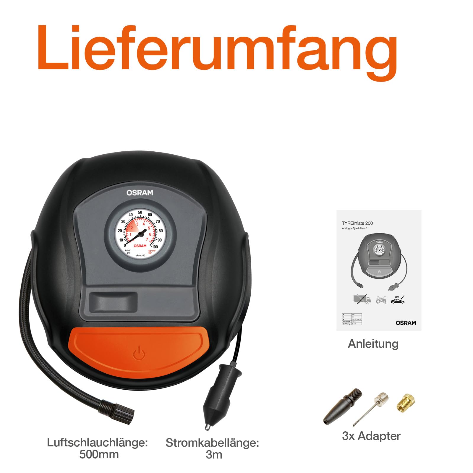 OSRAM TYREinflate 200, Analoge Reifenpumpe, tragbarer 12V Kompressor für Autoreifen, Stromanschluss via Zigarettenanzünder, Reifenbefüllung in 4,5 Minuten