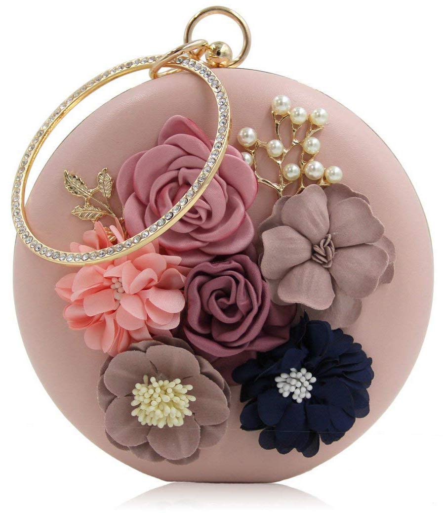 Handicraft Women's Round Shape Clutch Bag Purse | Floral Bag, Bridal Purse & Party Handbag Design with Ring Handle – Wedding & Special Occasion Clutch