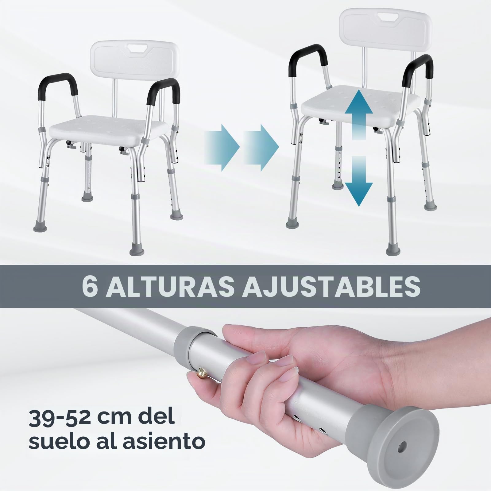 LIFERUN Silla de ducha ajustable, asiento de ducha con respaldo y brazos acolchados, pies antideslizantes, carga máxima de 136 kg, taburete de baño portátil para ancianos, discapacitados y embarazadas