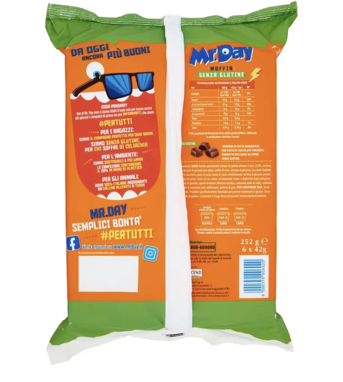 Mr. Day Muffin con Pepite di Cioccolato Fondente, Senza Glutine (Gluten Free) 252g [BOX da 6 Confezioni]