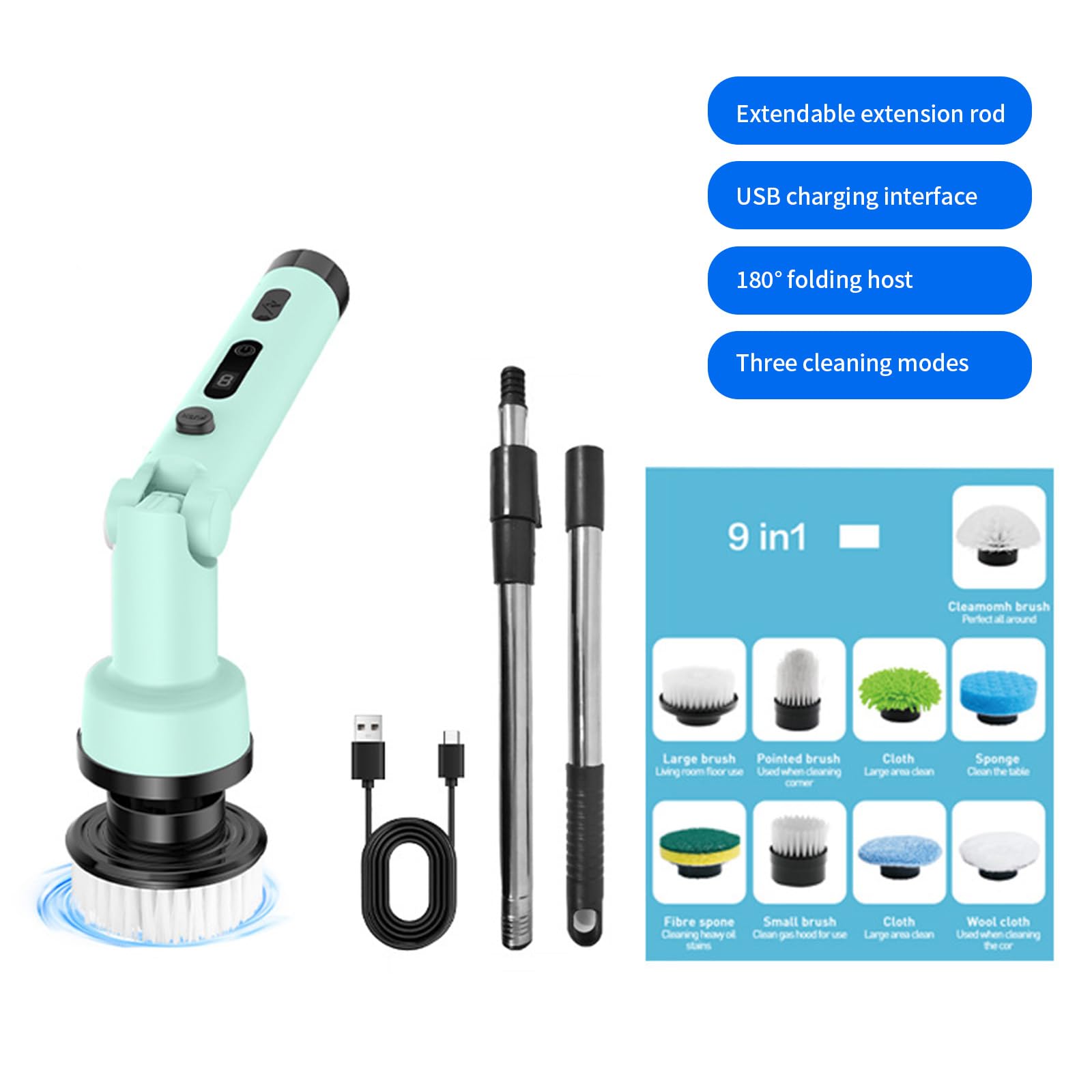 Brosse de Nettoyage électrique sans Fil, avec poignée réglable et 9 têtes de Brosse pour diverses Surfaces, Nettoyeur de