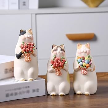 美品】ネコリスキツネ陶器置物インテリア工芸品美術品A1014