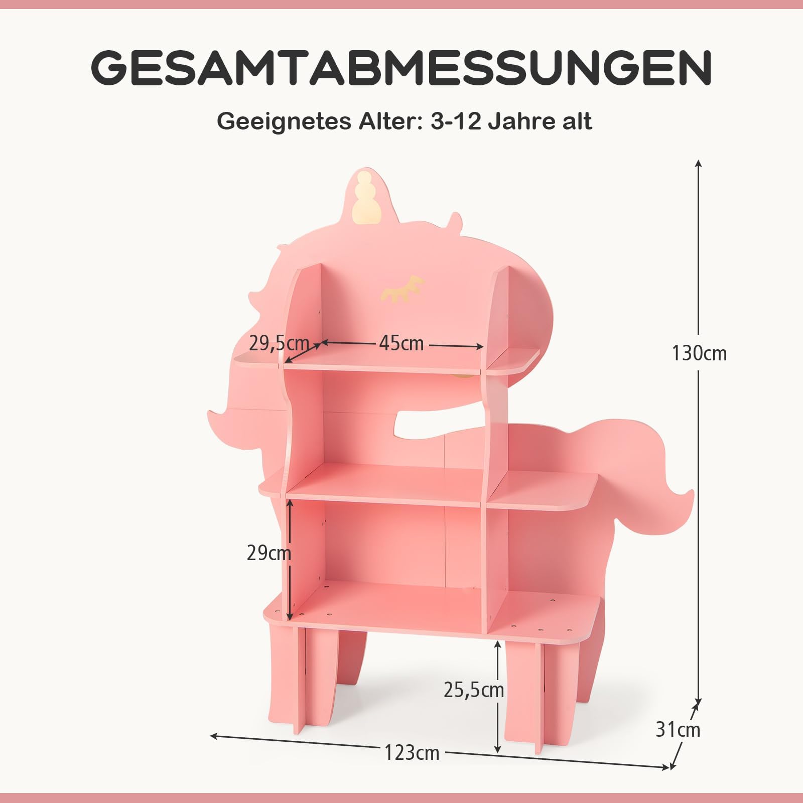 COSTWAY Kinderregal 3 Ebenen in Einhornform, Spielzeugregal Holz mit offenen Regalen, Bücherregal Kinder, Kinderzimmer Regal für Kinderzimmer, Spielzimmer, Kindergarten