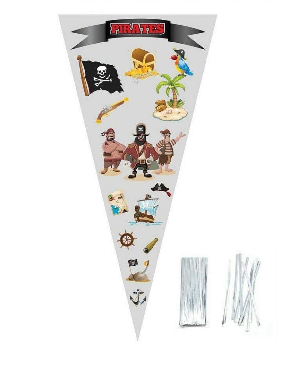 Polybagstores Pack Of 25 - Pirates - Large Cellophane Cone Shape Sweet Party Bags 37Cm X 18Cm - With 4" Twist Ties