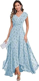 Beaded Mother of The Bride Dresses with Cape Sleeves V Neck Chiffon Pleated Tea Length Formal Evening Gown