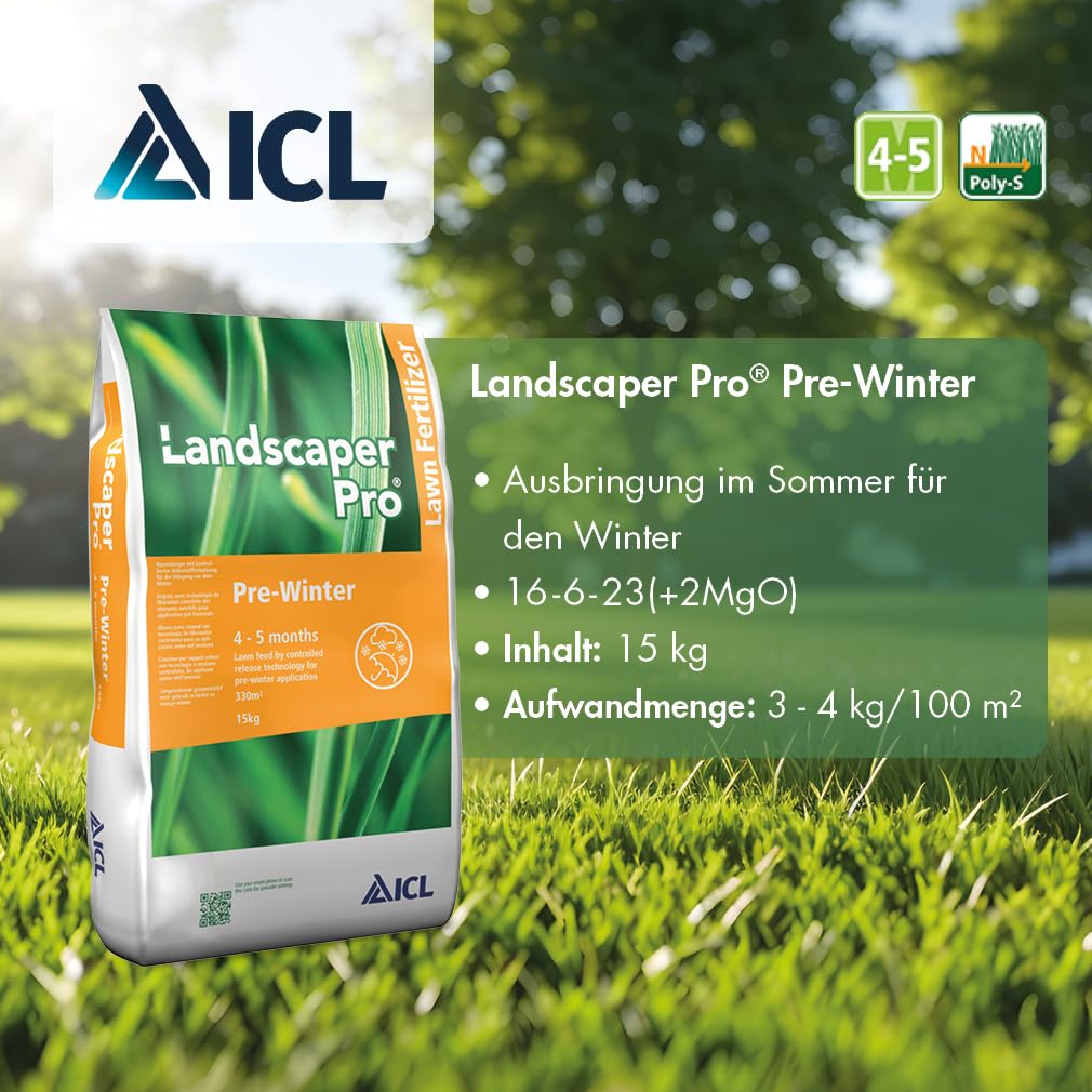 Landscaper Pro® Pre-Winter Herbstdünger 15 kg – Premium Rasendünger mit 4-5 Monaten Langzeitwirkung – Hoher Kaliumgehalt für Winterhärte & Kälteschutz | 15 kg Sack für ca. 375 m² | 16-6-23(+2MgO)