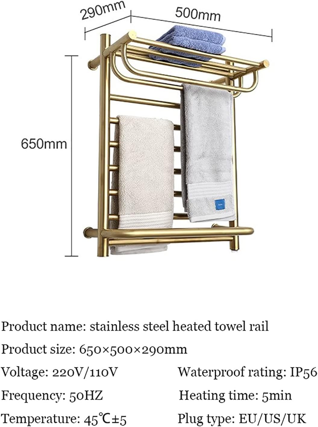 Towel Warmer Electric Wall Mounted Racks Low Power Smart Towel Rack Stainless Steel Heated Rails 6 Bar Dryer-Hard Wired(Plug in)