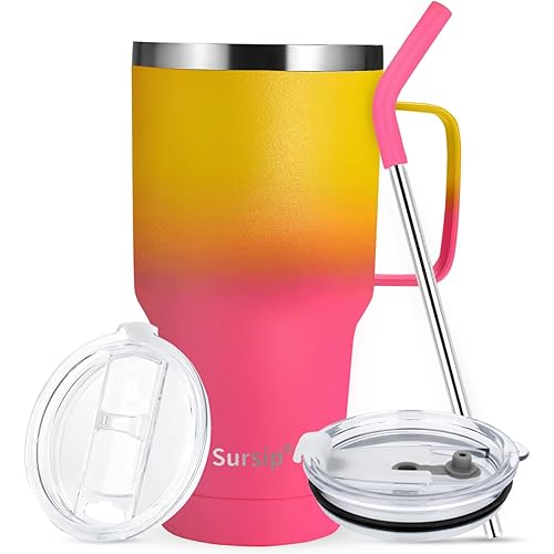 Sursip 30oz Insulated Mug/Tumbler With Lid and Straw,Stainless Steel Vacuum Tumbler,Keep Cold and Hot,BPA Free,Leak Proof,Dishwasher Safe,Car Holder,Gifts/Travel Mug/Coffee Tumbler(Yellow&Red-1Pack)