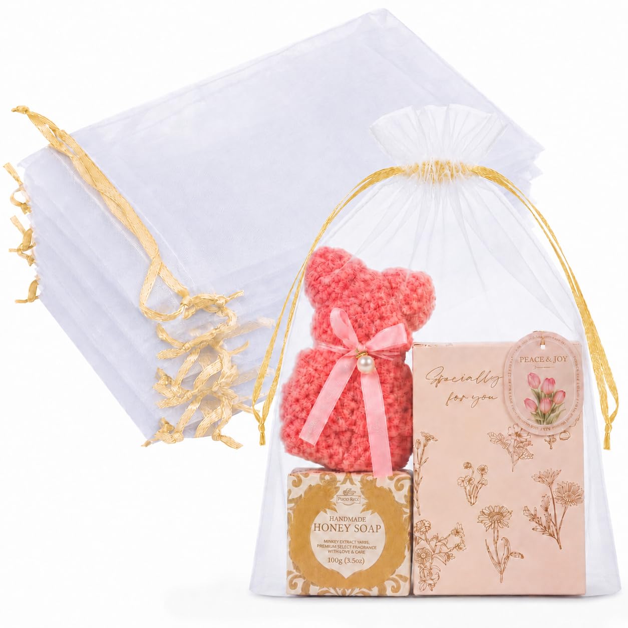 Crweety 50PCS Organza Bags 8x12 Large White Mesh Gift Bags Gold Drawstring