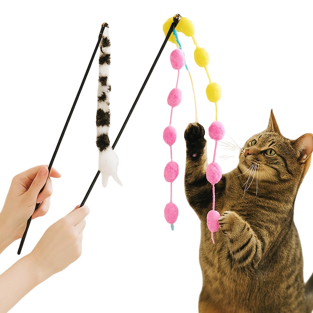 Interactive Cat Toys Pack of 2 - Cat Wand Toy with Pom Pom Balls & Long Tail | Cat Toys with Bells |Pet Toys for Kittens, Cats of All Ages for Exercise & Hunting (Random Colour)