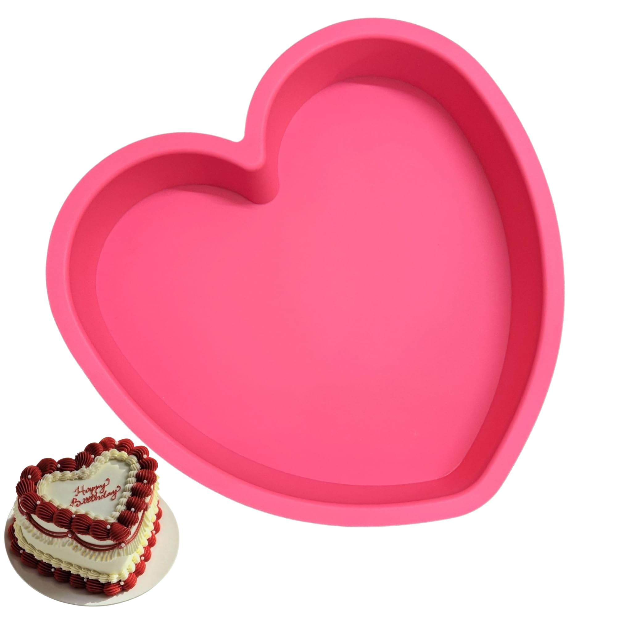 Moldes de silicona con forma de corazón – 9 pulgadas, color rosa, antiadherente, grado alimenticio, moldes de corazón aptos para horno y microondas, fácil de limpiar en solo 2 segundos