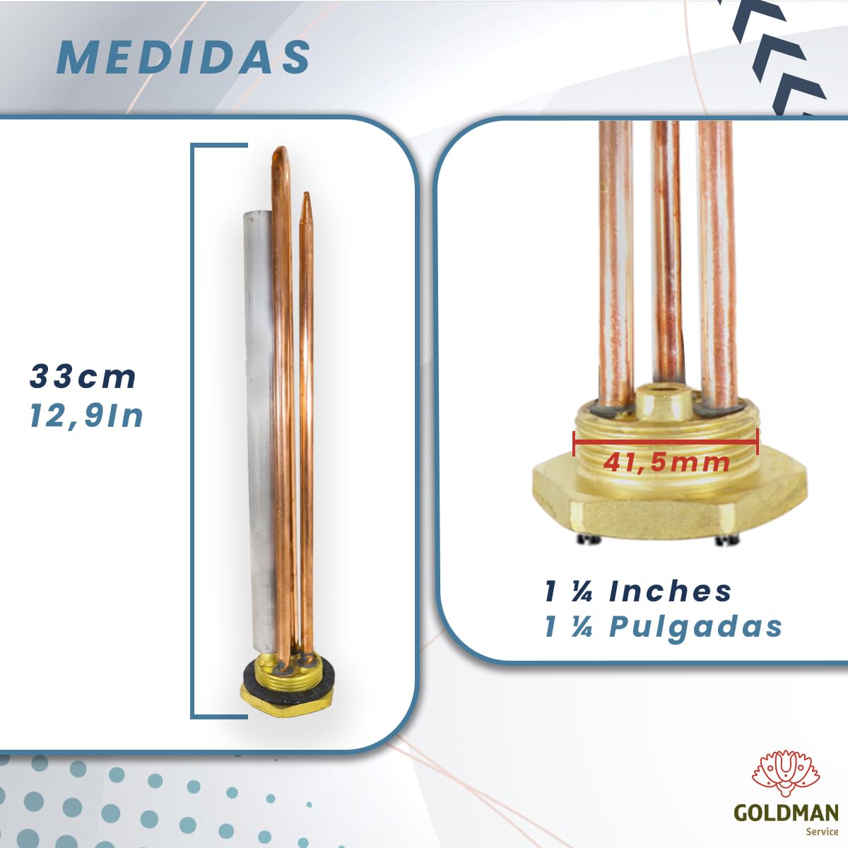 GOLDMAN SERVICE Kit Resistencia Termo Eléctrico Monoblock Roscada de 1¼ Pulgadas - Anodo Magnesio - Junta. Recambio para Termos de agua, Acumulador Solar, Caldera (2000W)