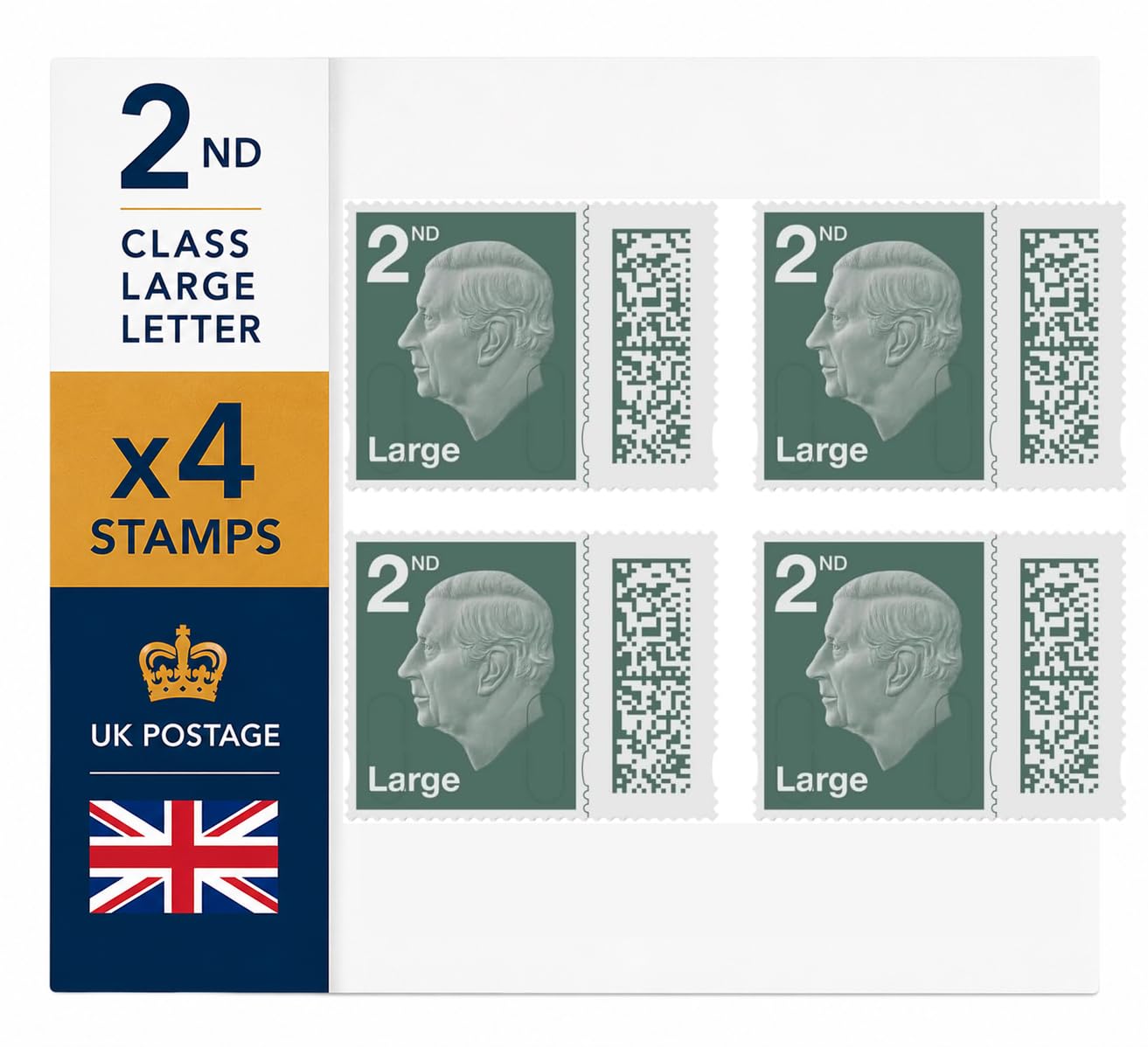 2nd Class Large Letter Stamps - 4 Pack - Self Adhesive Barcoded Postage Stamps - UK Letter, Cards, Documents & Home Office Use