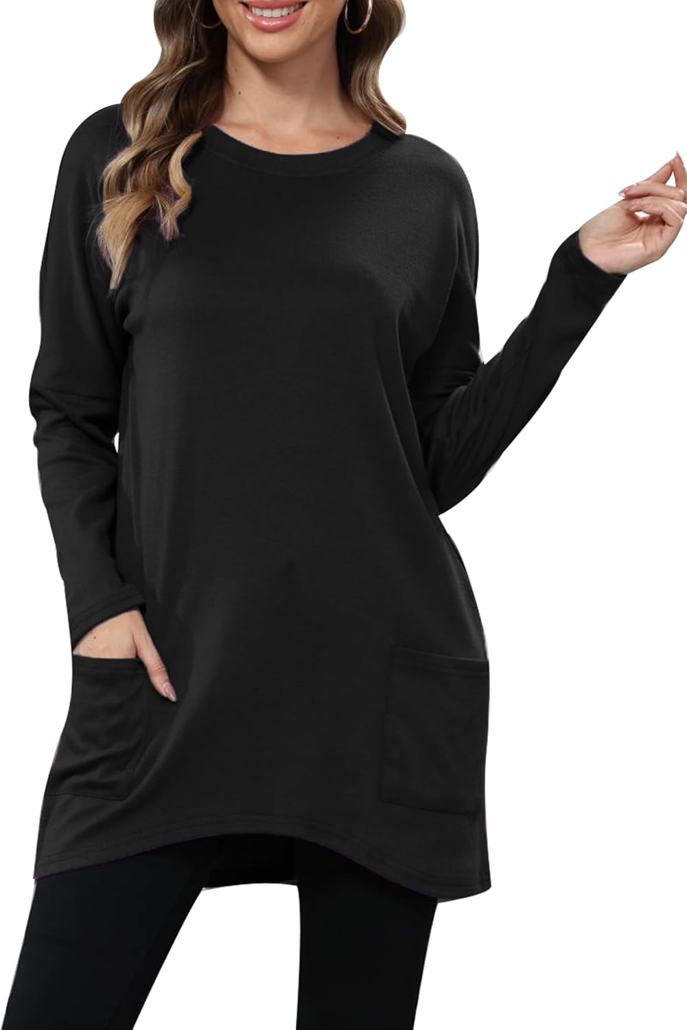 Aphratti Womens Long Sleeve Tunic Tops to Wear with Leggings Casual Long Shirts with Pockets