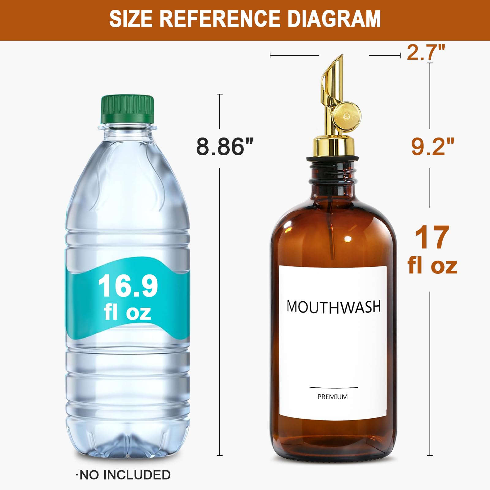 Mundwasserspender für Badezimmer, Glas-Mundspülspender mit Becher, Mundspülbehälterflasche mit Becher, nachfüllbarer Mundspül-Dekanter, 473 ml, bernsteinfarben, 2 Stück