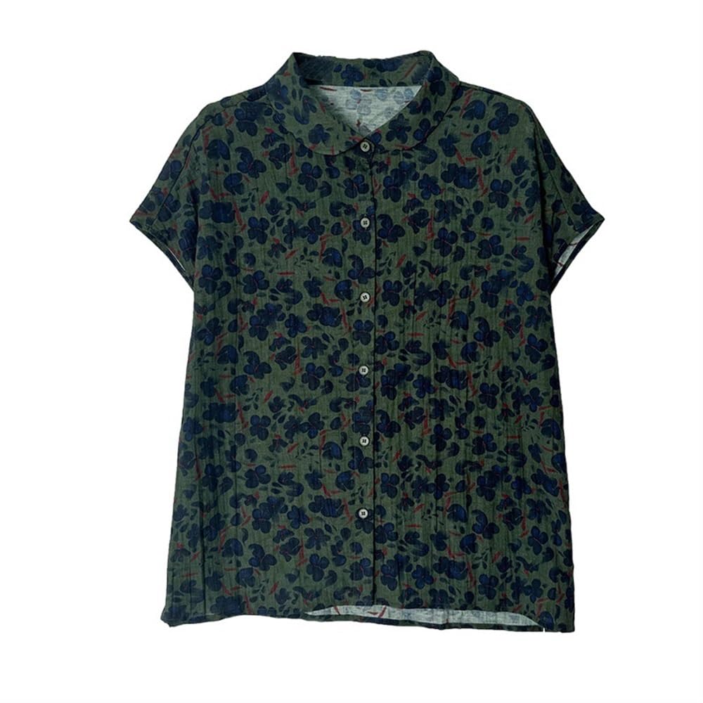 Tops Da Donna In Lino Di Cotone Ultra Sottile Con Stampa Floreale Retrò Camicia Abbottonata A Maniche Corte Con Risvolto Camicetta Comfort Estiva