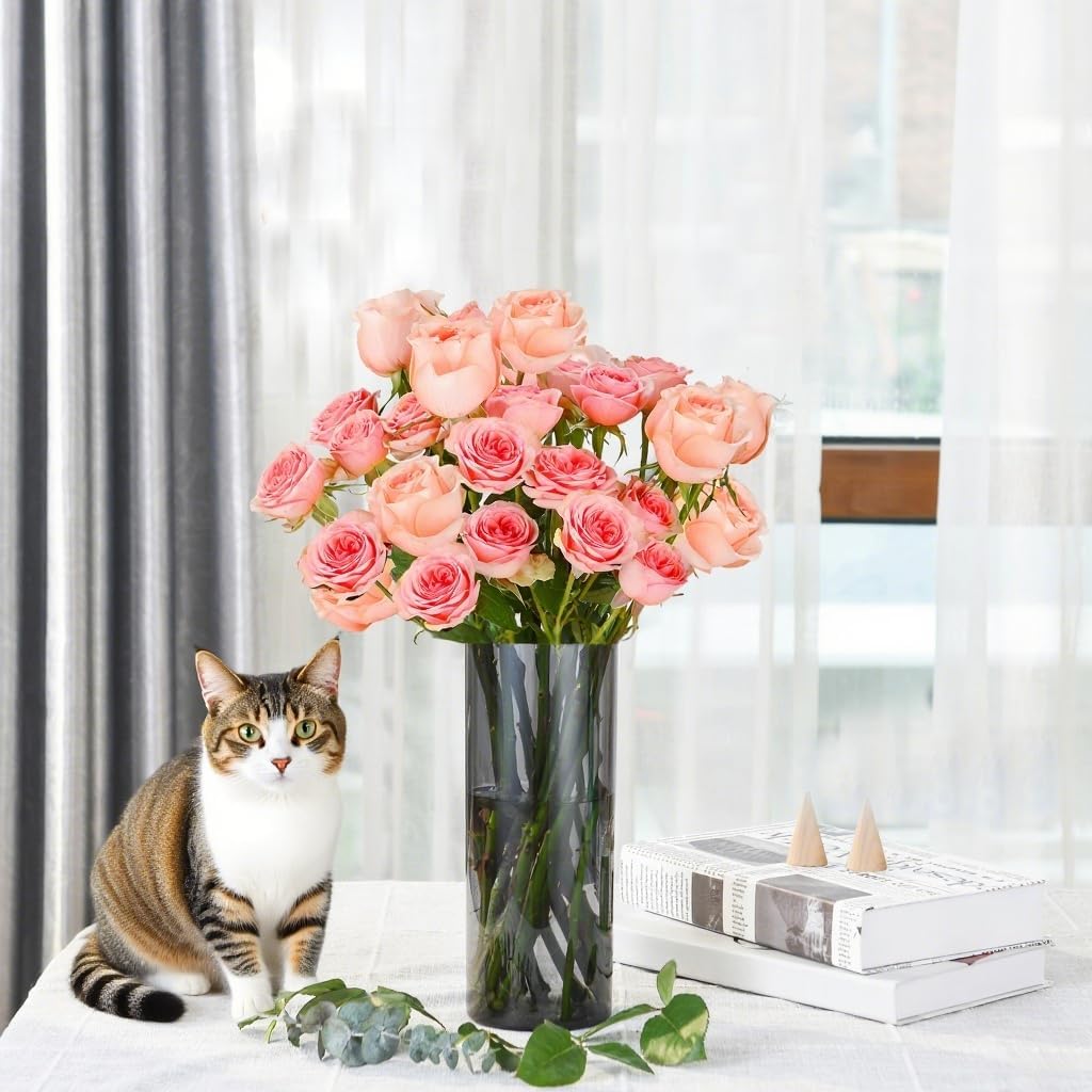 Flower Vase, Non-breakable Vases, 6" W x 16" H, Acrylic Grey Vase, Aesthetic Room Decor Cylindrical Modern Flower Vases for Table Centerpiece, Home Decor, Women Floral Arrangement Gift
