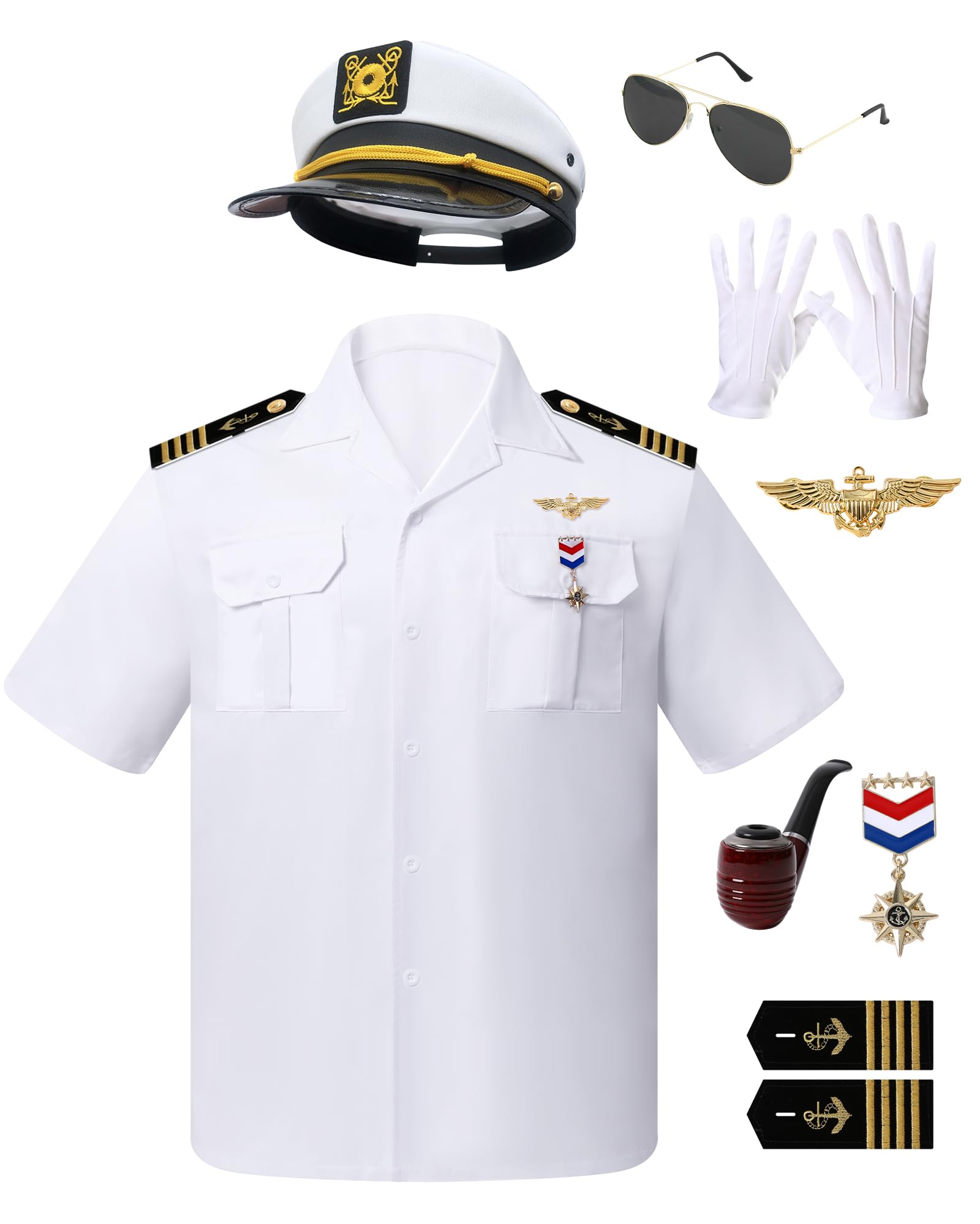 Costume da capitano dello yacht per adulti, 8 pezzi | Costume da capitano dello yacht per adulti, costume da marinaio, con cappello, camicia, spalline, guanti e accessori, 8 pezzi