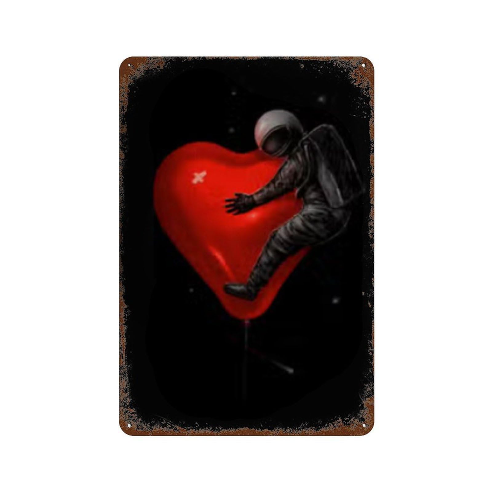 Love in Space Astronaut Heart 11.8"x7.9" Distressed Metal Wall Sign, Shabby Chic Decor for Shed, Workshop And Garage Wall Decor