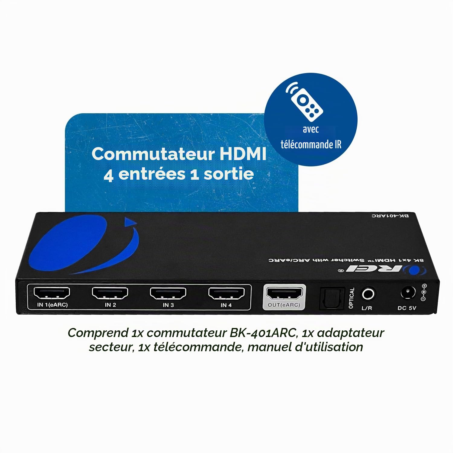 OREI 8K eARC HDMI 2.1 Switch 4 x 1, commutateur avec extracteur Audio UltraHD Prend en Charge jusqu'à 4K @ 120 Hz PS5, Jeux, télécommande Contorl IR EDID HDCP 2.3 - Sortie Optique, écouteurs L/R
