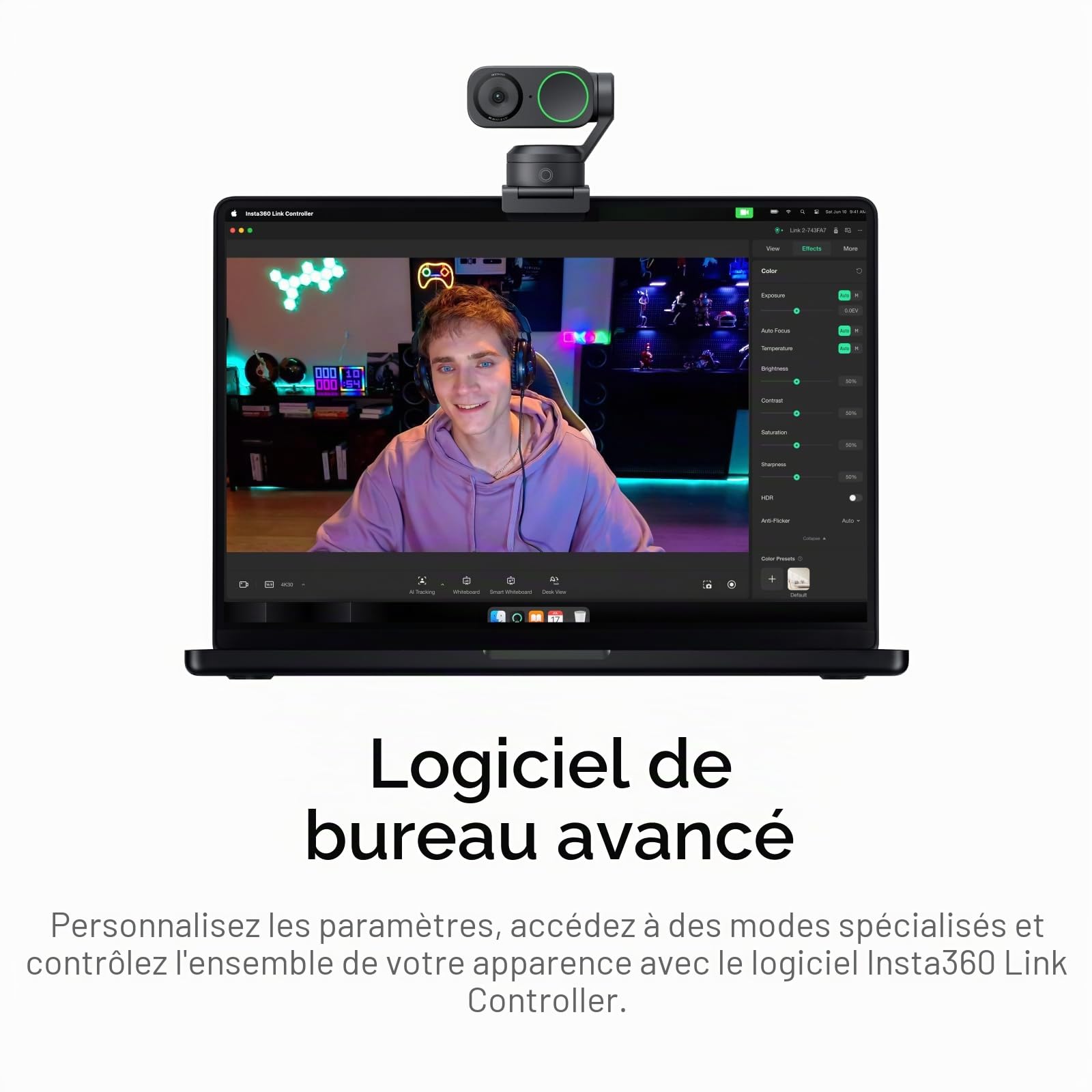 Insta360 Link 2 Standard Bundle - Webcam 4K pour PC/Mac, capteur 1/2", suivi IA, HDR, microphone IA sans bruit, contrôle gestuel pour streaming et appels vidéo, compatible