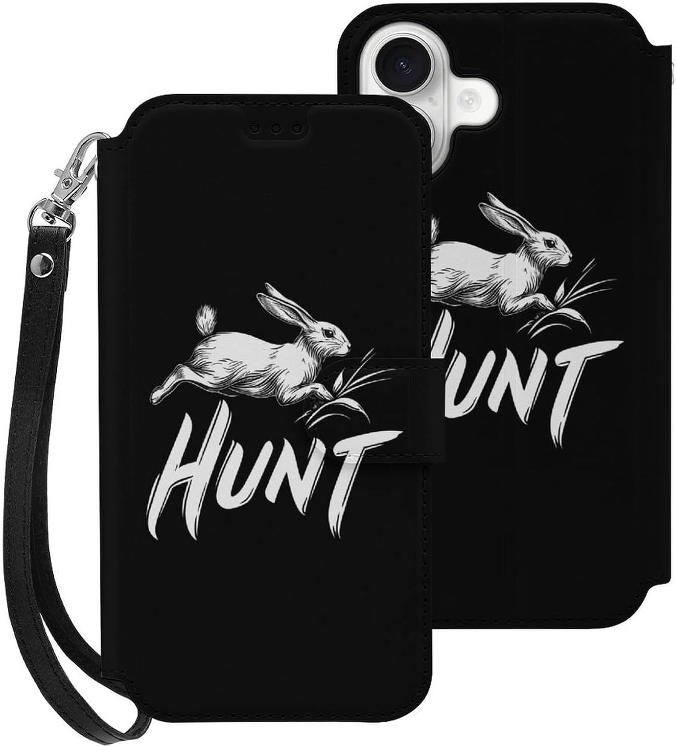 Hunt Hunting Rabbits Running Compatible with iPhone 16/16 Plus/16 Pro/16 Pro Max/16 E Case Phone Wallet Card Holder Flip Cover with Wrist Strap