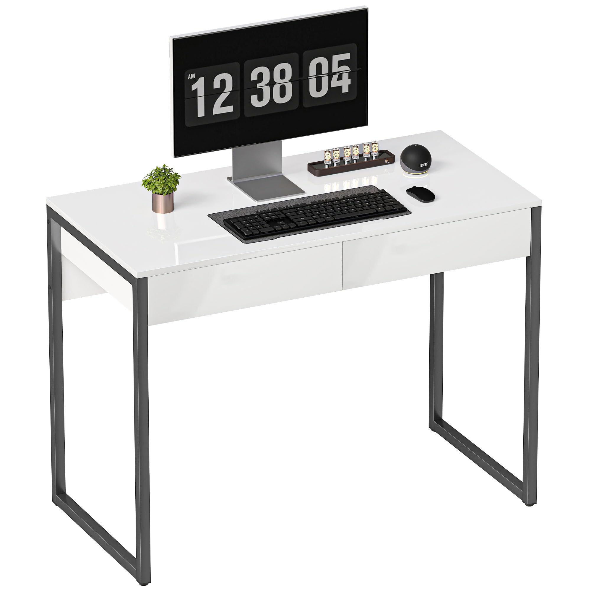 HOMCOM High Gloss Computer Desk with 2 Drawers 100 x 50 cm White and Black