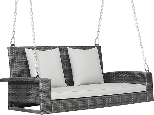 Miniatura 9 de Happygrill Banco de columpio para porche al aire libre para 2 personas con cojines suaves, cadena de acero reforzado de 7.9 pies, marco de acero