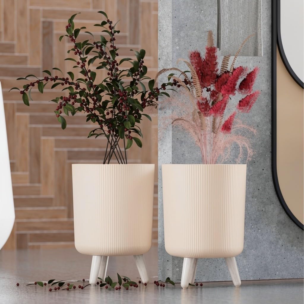 Modern Flower Pots with Wooden Legs - Beige Set of 2 -2