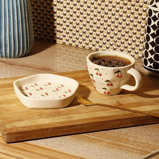 Image of THE MOON STORE Ceramic Coffee Cup and Saucer Set, Cherry Pattern Design, White, 250ml for Gift Aniversary and Birthday