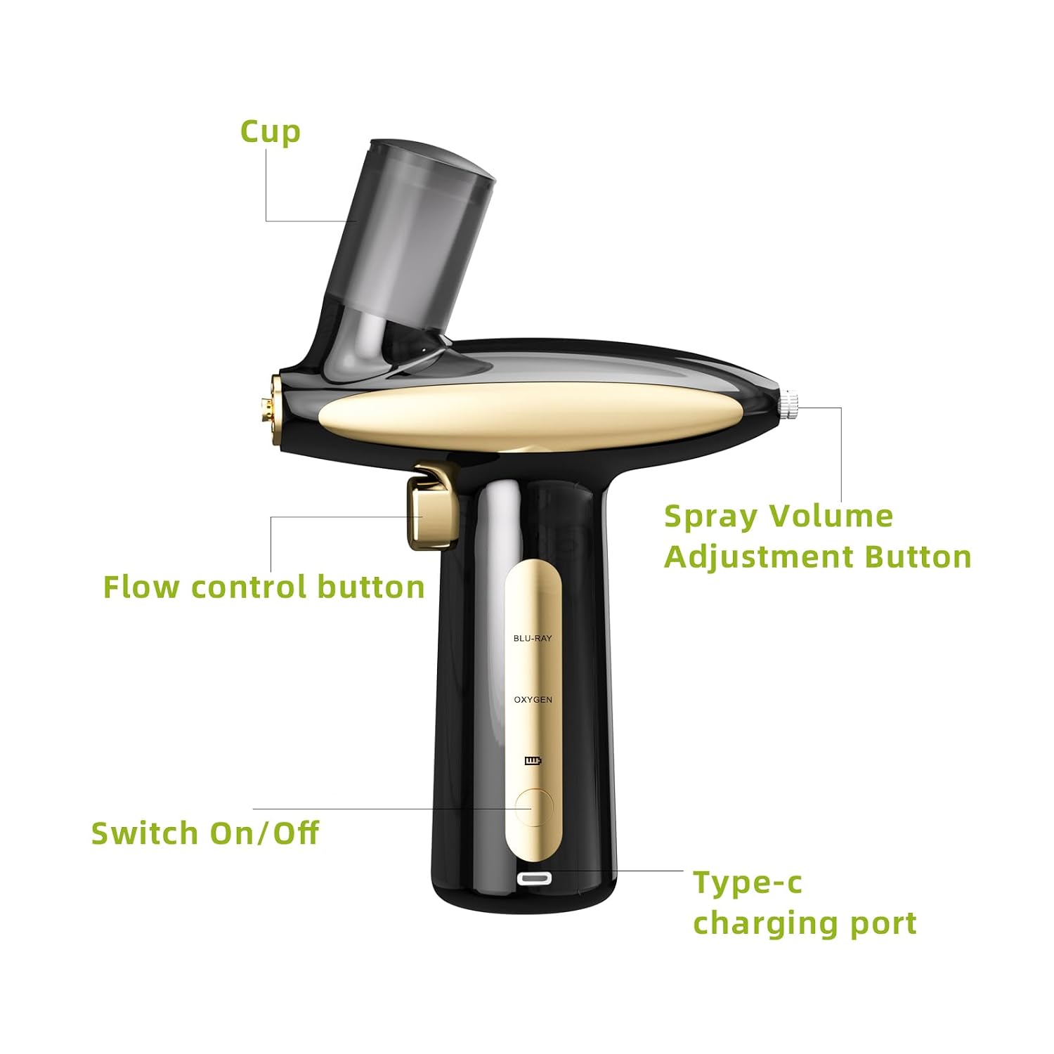 Rechargeable Cordless Hair & Scalp Hydration Sprayer - Handheld Airbrush for Hair Care & Scalp Oil Applicator, Nano Mister, Mist Sprayer, Hair Oil Applicator (Barber Airbrush & Spray Gun) (Black+Gold)