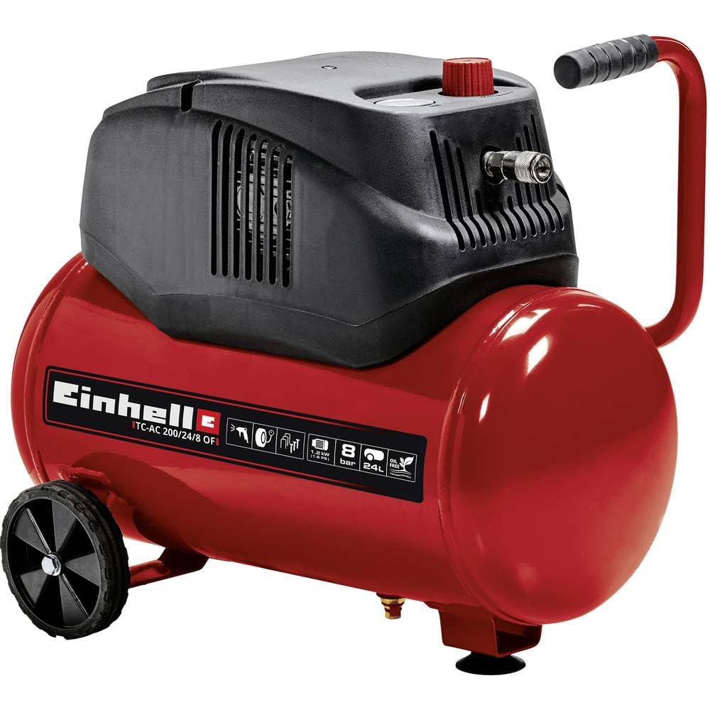 Einhell Compressor TC-AC 200/24/8 OF (1200 W, max. 8 bar, 24 l tank, 180 l/min suction power, engine speed 15000 min^-1, pressure reducer, pressure gauge, oil-free)