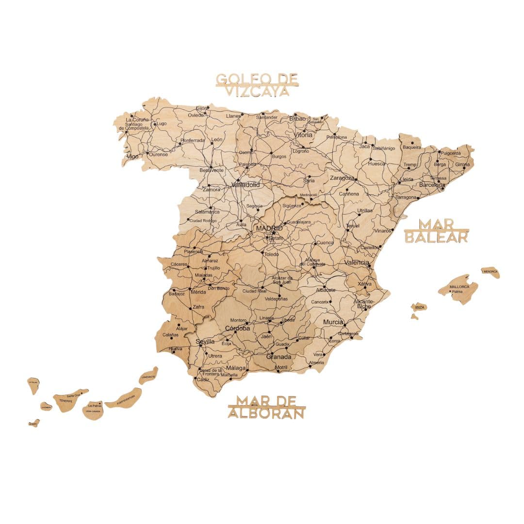 Enjoy The Wood 3D Wooden Spain Map for Wall Decor - Handmade Wooden Wall Art Travel Map of Spain with Pins - Any Occasion Gift Idea - Unique Spain Décor for Home or Office (Light, M)