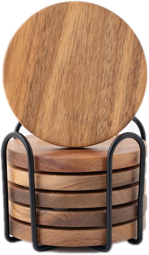 Wood Coasters for Drinks Tabletop Protection with Holder Set of 6, Acacia Wooden Coaster for Coffee Table Dining Table Round with Non-Slip Pad Cup Coaster for Home Christmas Decor 4 Inch