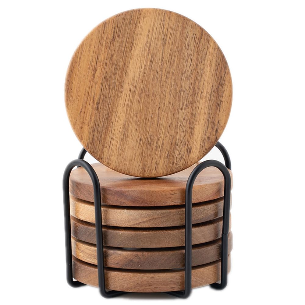 Wood Coasters for Drinks Tabletop Protection with Holder Set of 6, Acacia Wooden Coaster for Coffee Table Dining Table Round with Non-Slip Pad Cup Coaster for Home Christmas Decor 4 Inch