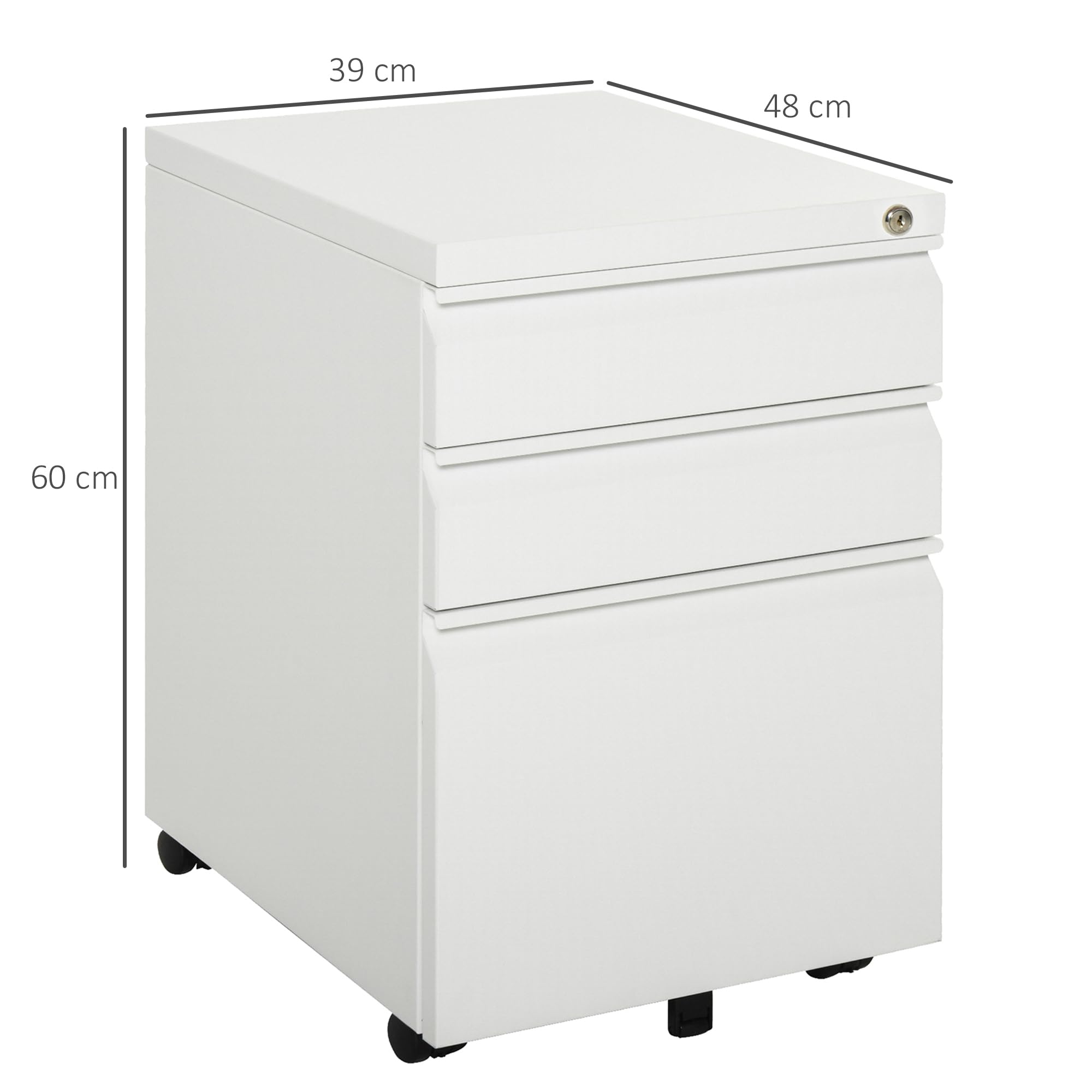 Vinsetto Cajonera de Oficina Mueble Archivador de Acero con 4 Ruedas 3 Cajones Cerradura y 2 Llaves para Tamaño A4 Carta para Estudio Salón 39x48x60 cm Blanco