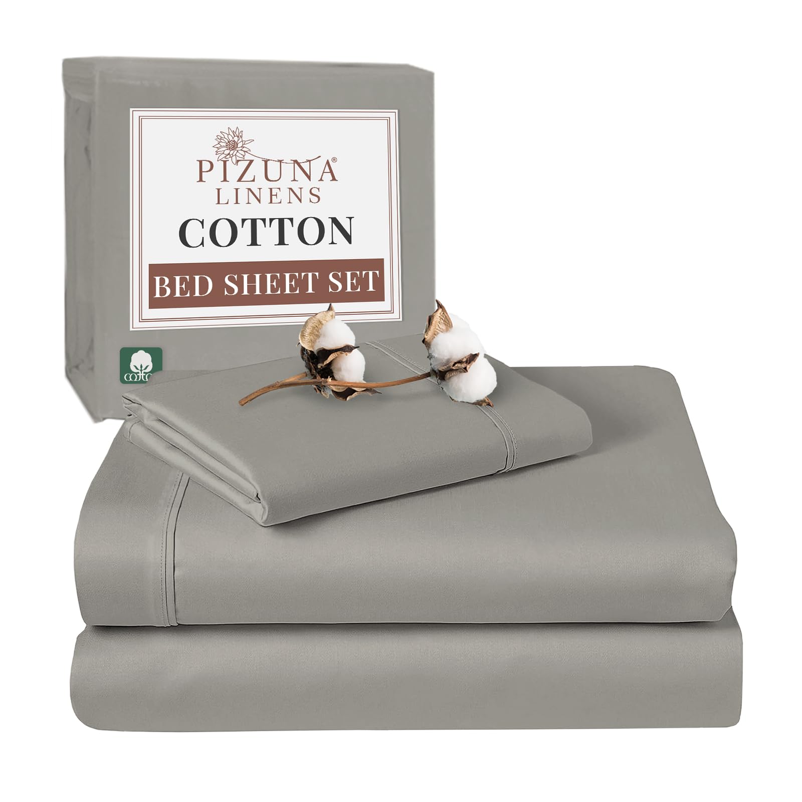 Pizuna Ash Grey 100% Cotton Single Bed Sheet Set 400 Thead Count Long Staple Cotton Bedding Set 180X280 Cm, Soft Sateen 3 Pc Single Bed Sheet Set - Fitted Sheet, Flat Sheet & 1 Pillowcase