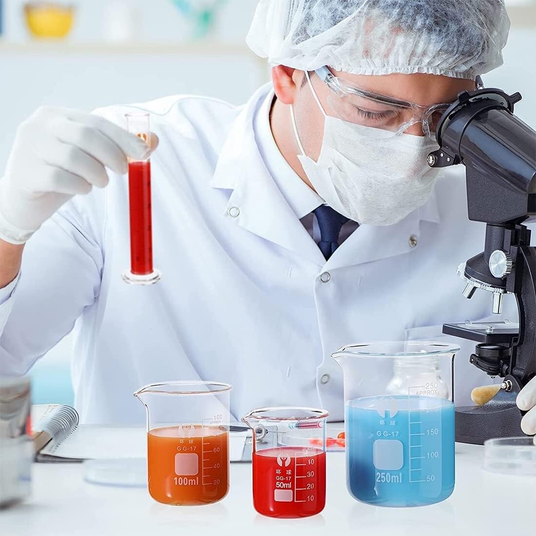 Zlewka laboratoryjna z dziobkiem, Zestaw zlewek ze szkła borokrzemianowego, 5 sztuk, 50-1000 ml, z pędzelkami(5ml)